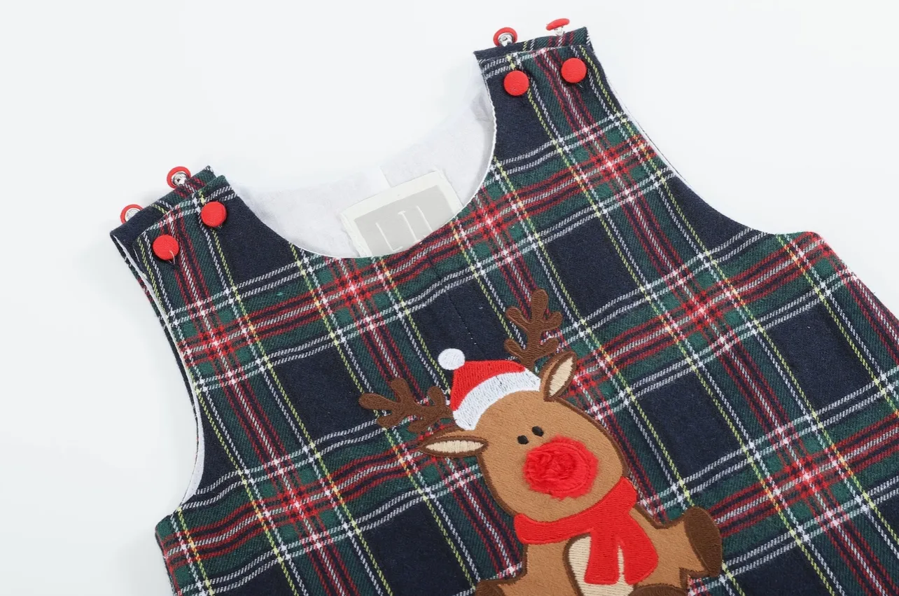 Navy and Red Plaid Reindeer Overalls