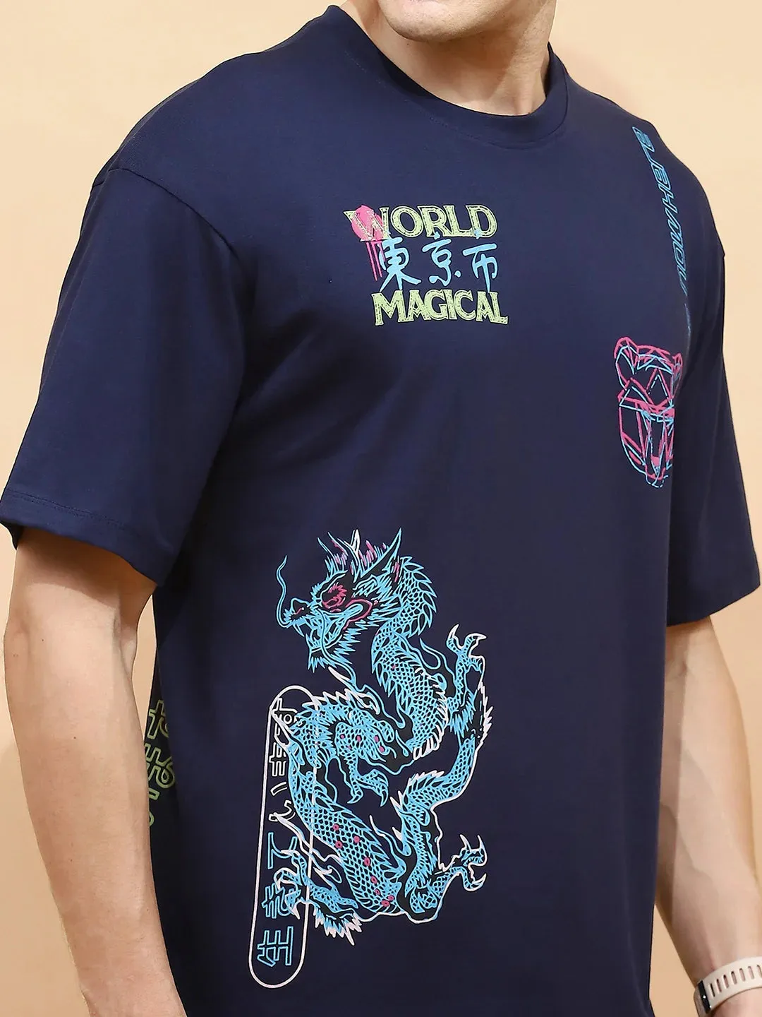 Navy Cotton Regular Fit T-Shirt For Men