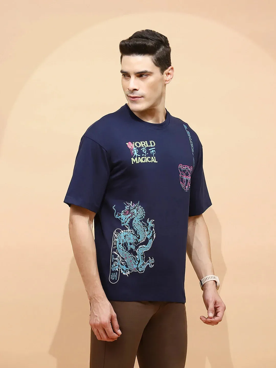 Navy Cotton Regular Fit T-Shirt For Men