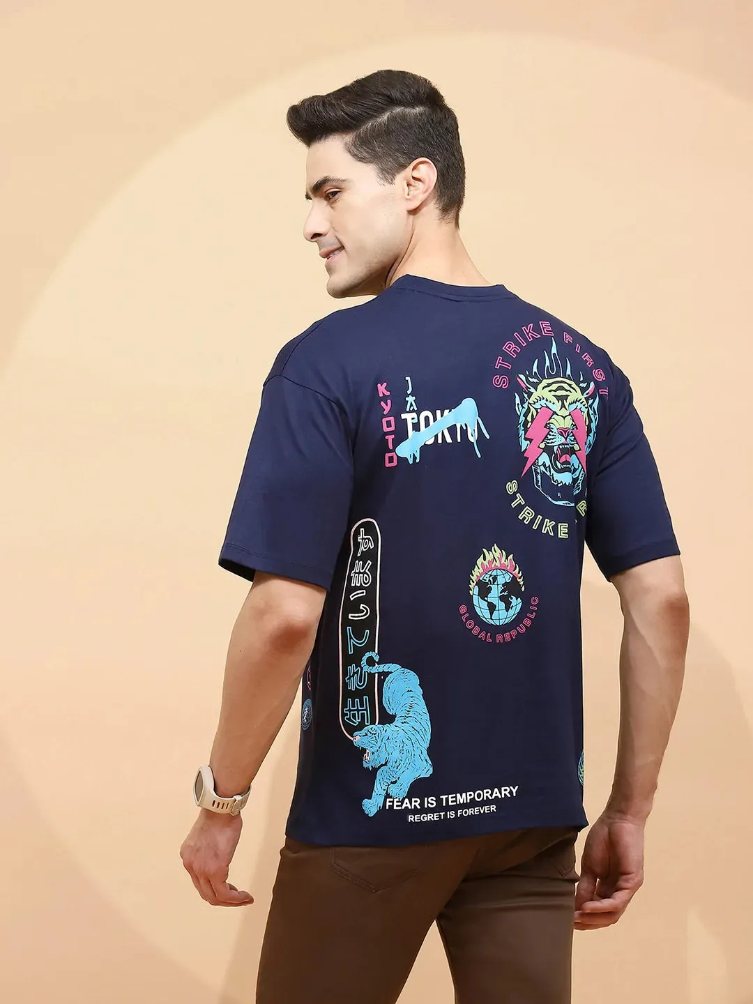 Navy Cotton Regular Fit T-Shirt For Men