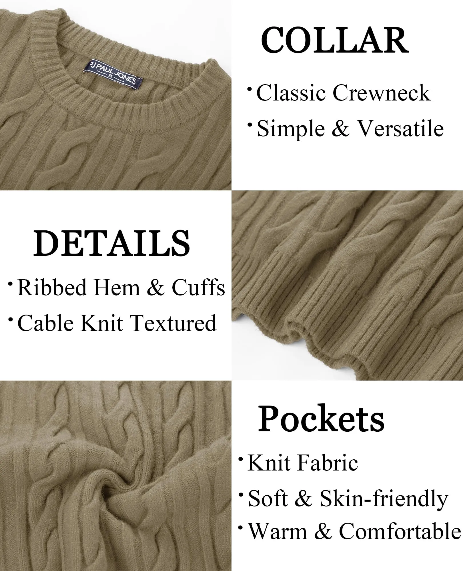 PJ PAUL JONES Mens Sweater Crewneck Cable Knit Pullover Sweater Casual Twist Textured Sweaters