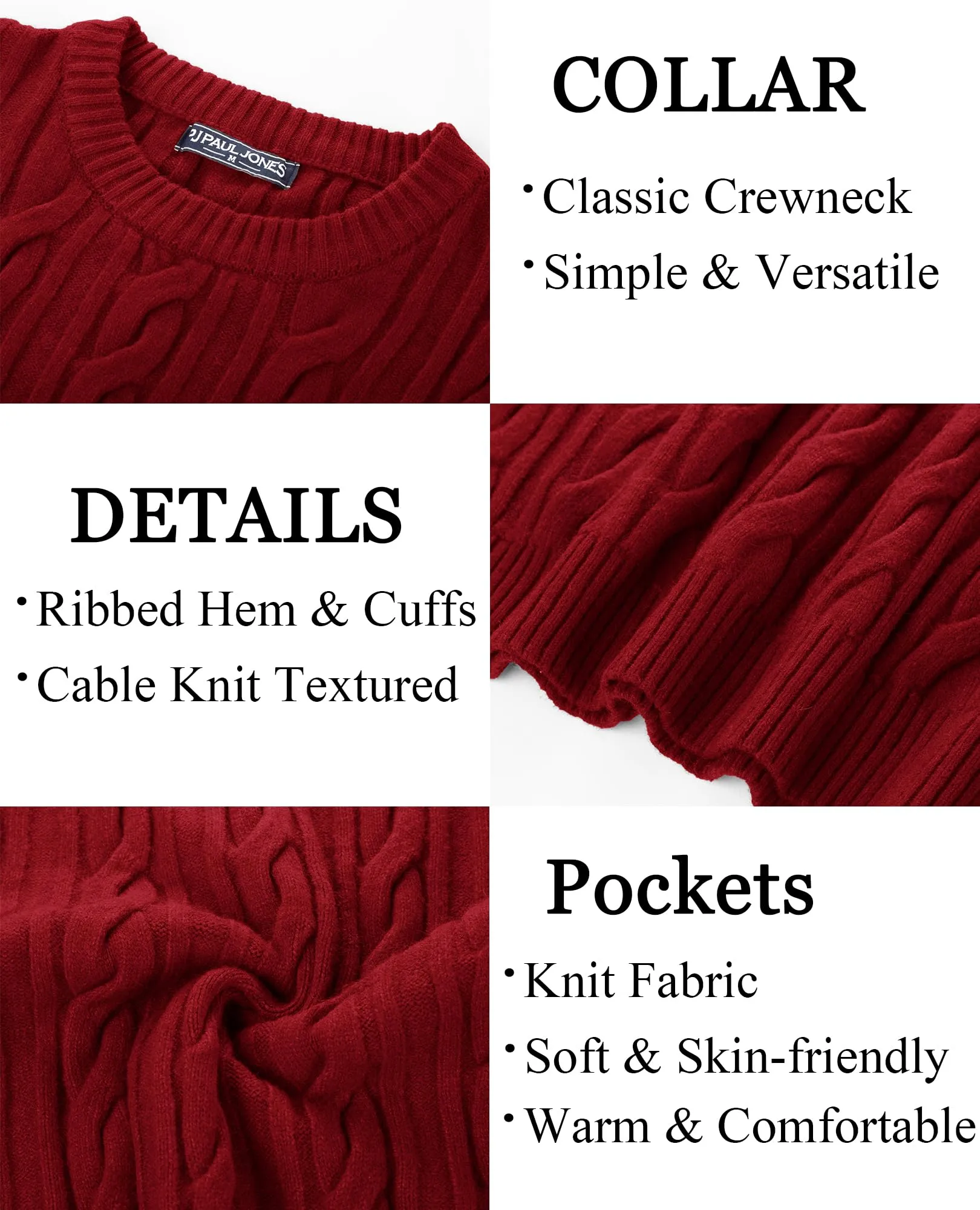 PJ PAUL JONES Mens Sweater Crewneck Cable Knit Pullover Sweater Casual Twist Textured Sweaters