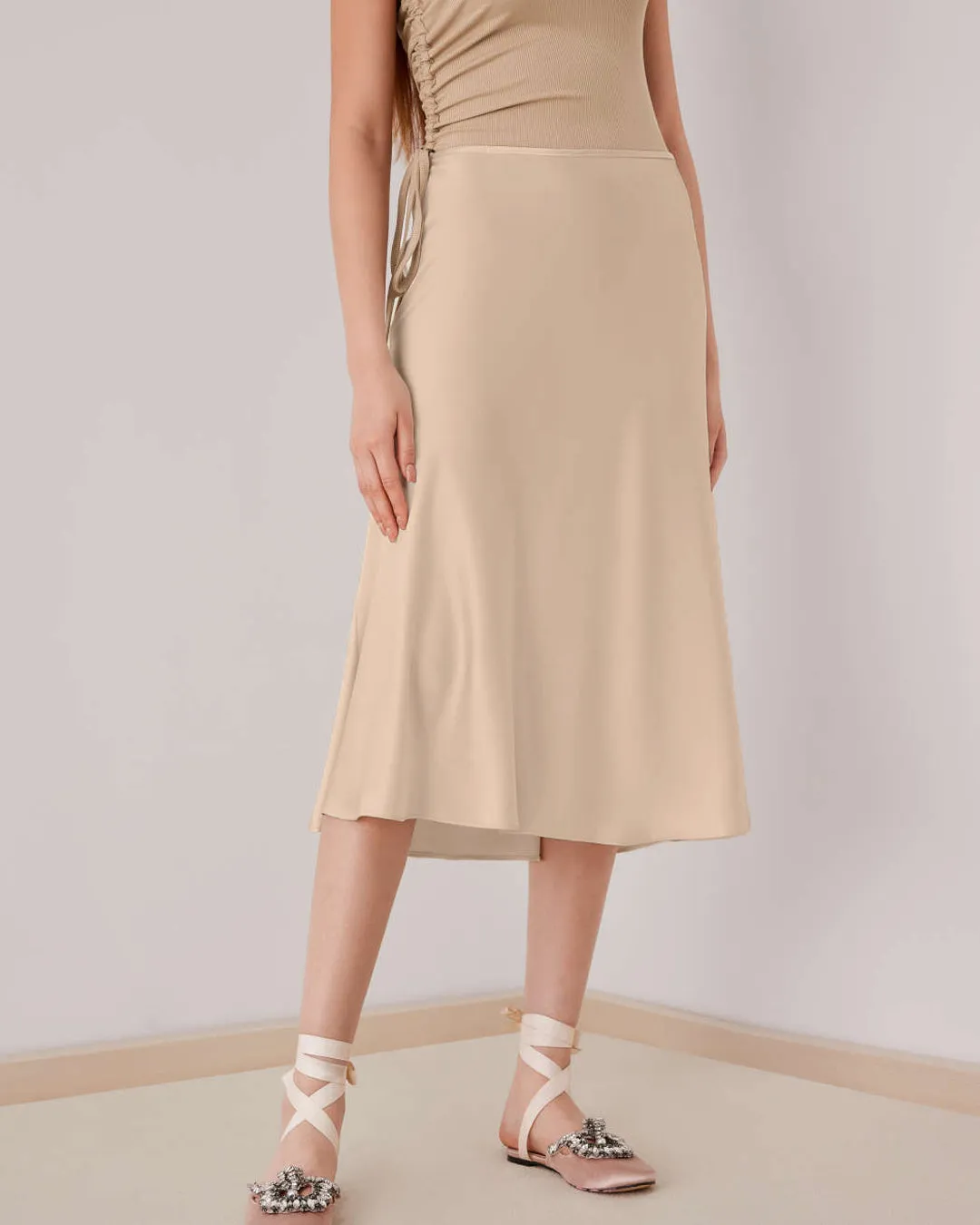 Satin Solid Ruffle Long Skirt In Peach