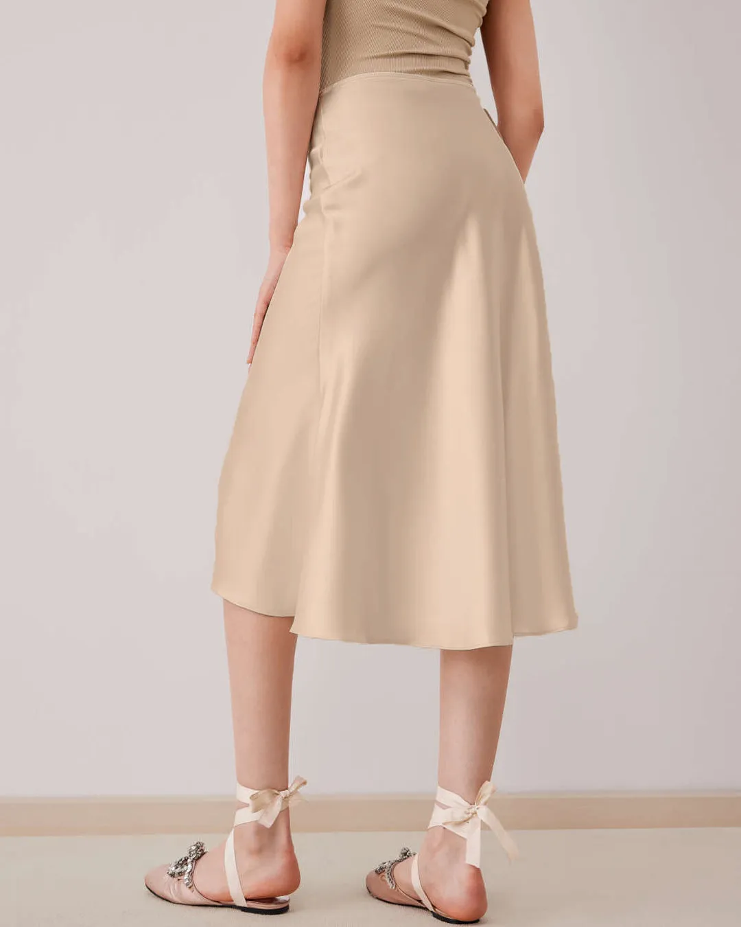 Satin Solid Ruffle Long Skirt In Peach