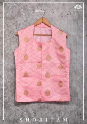 Size 38-29 : Pure Banarasi Silk Ladies Vest with Rekha Collar Neck in Carnation Pink, zari buttas and buttonless opening | Shobitam Jacket