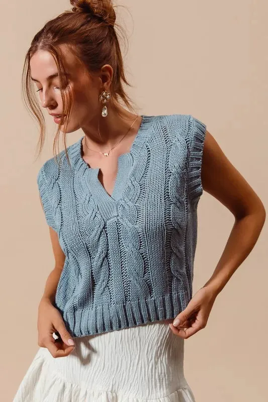Slate Blue Cable Knit Notched Neck Sweater Vest