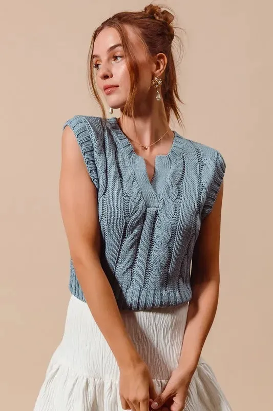 Slate Blue Cable Knit Notched Neck Sweater Vest