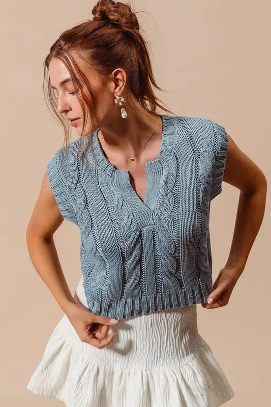 Slate Blue Cable Knit Notched Neck Sweater Vest