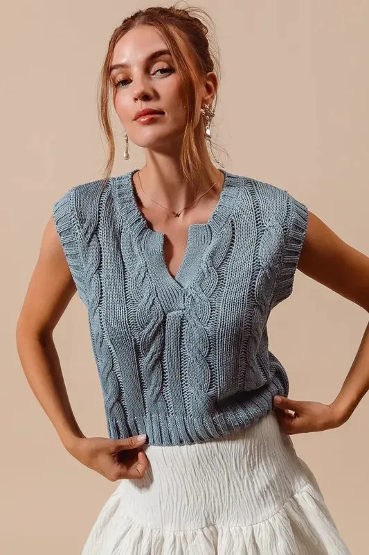 Slate Blue Cable Knit Notched Neck Sweater Vest