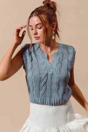 Slate Blue Cable Knit Notched Neck Sweater Vest
