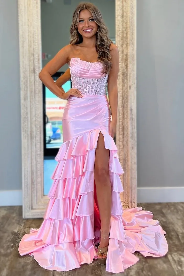 Strapless Scoop Tiered Pleated Fuchsia Satin Mermaid Sweep Prom Dress, Slit