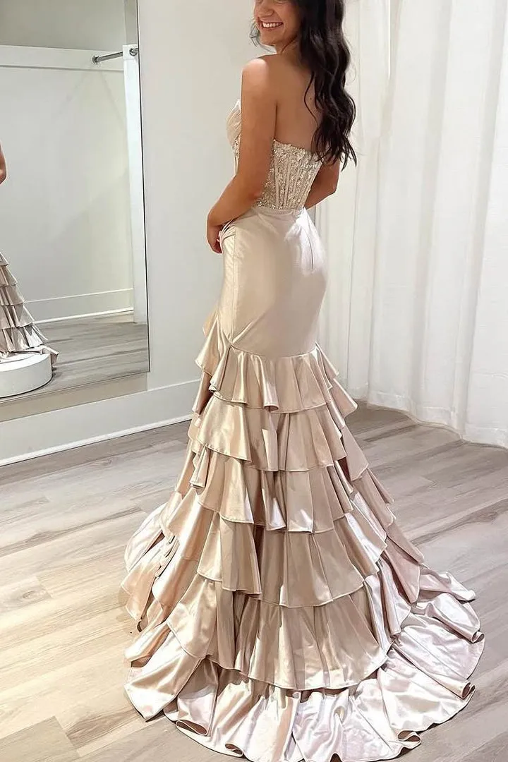 Strapless Scoop Tiered Pleated Fuchsia Satin Mermaid Sweep Prom Dress, Slit