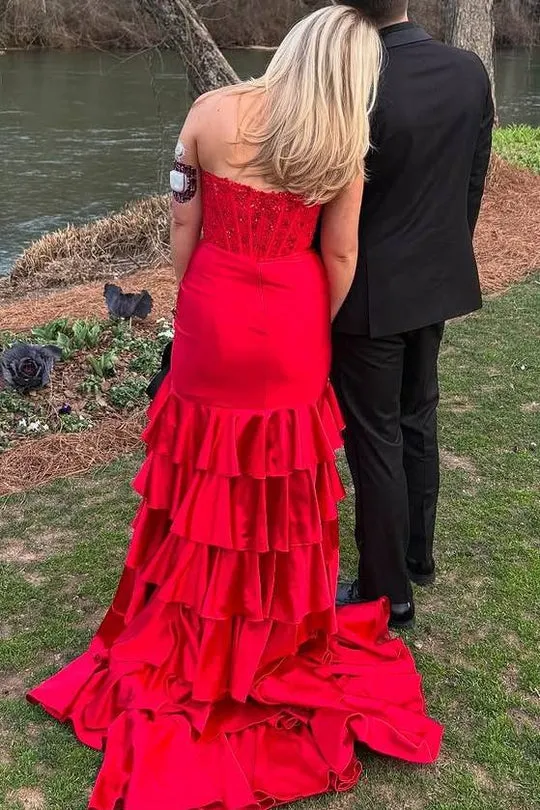 Strapless Scoop Tiered Pleated Fuchsia Satin Mermaid Sweep Prom Dress, Slit