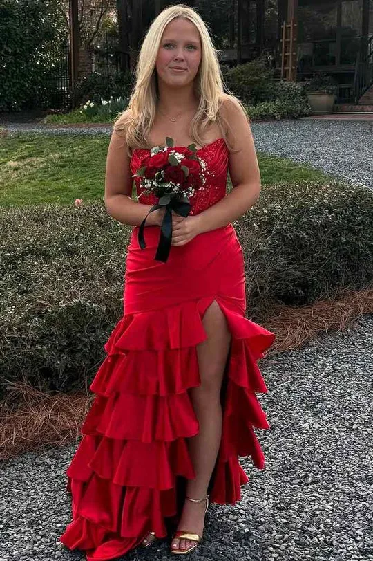 Strapless Scoop Tiered Pleated Fuchsia Satin Mermaid Sweep Prom Dress, Slit