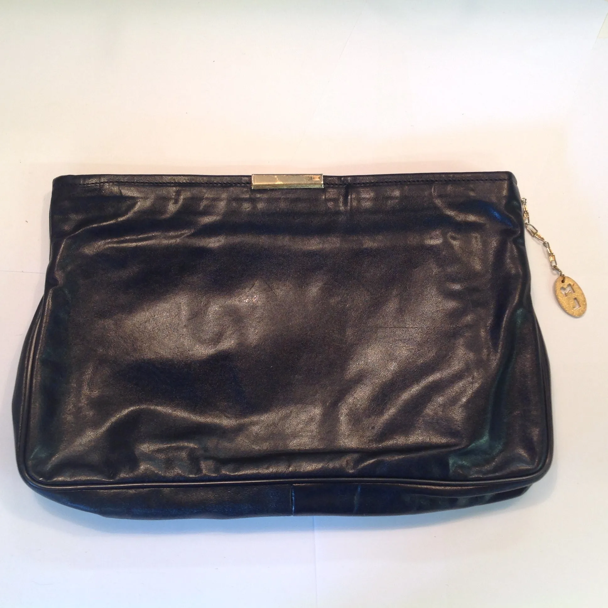 Vintage 1990's Black Vinyl Clutch Purse Goldtone Clasp ML Tag