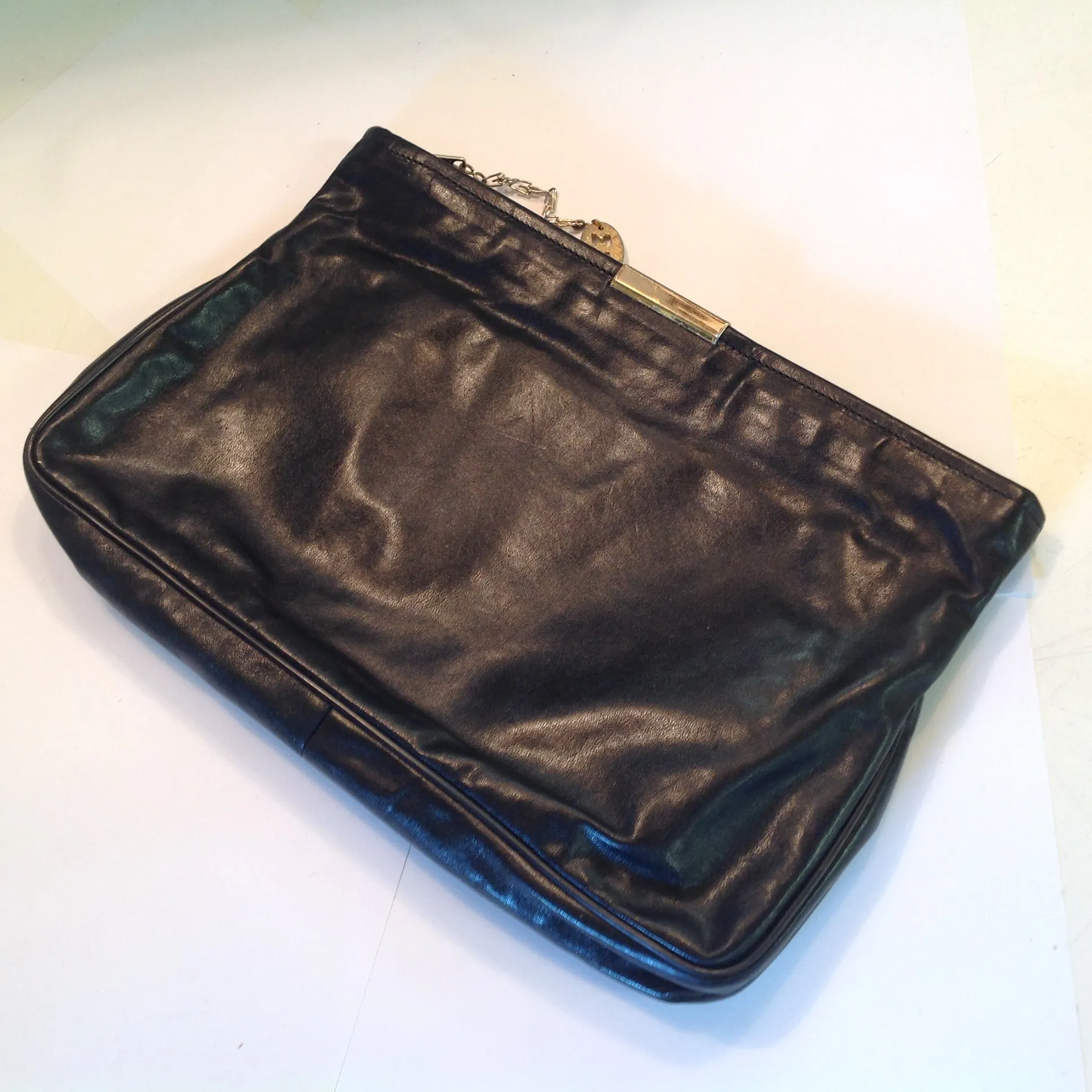 Vintage 1990's Black Vinyl Clutch Purse Goldtone Clasp ML Tag
