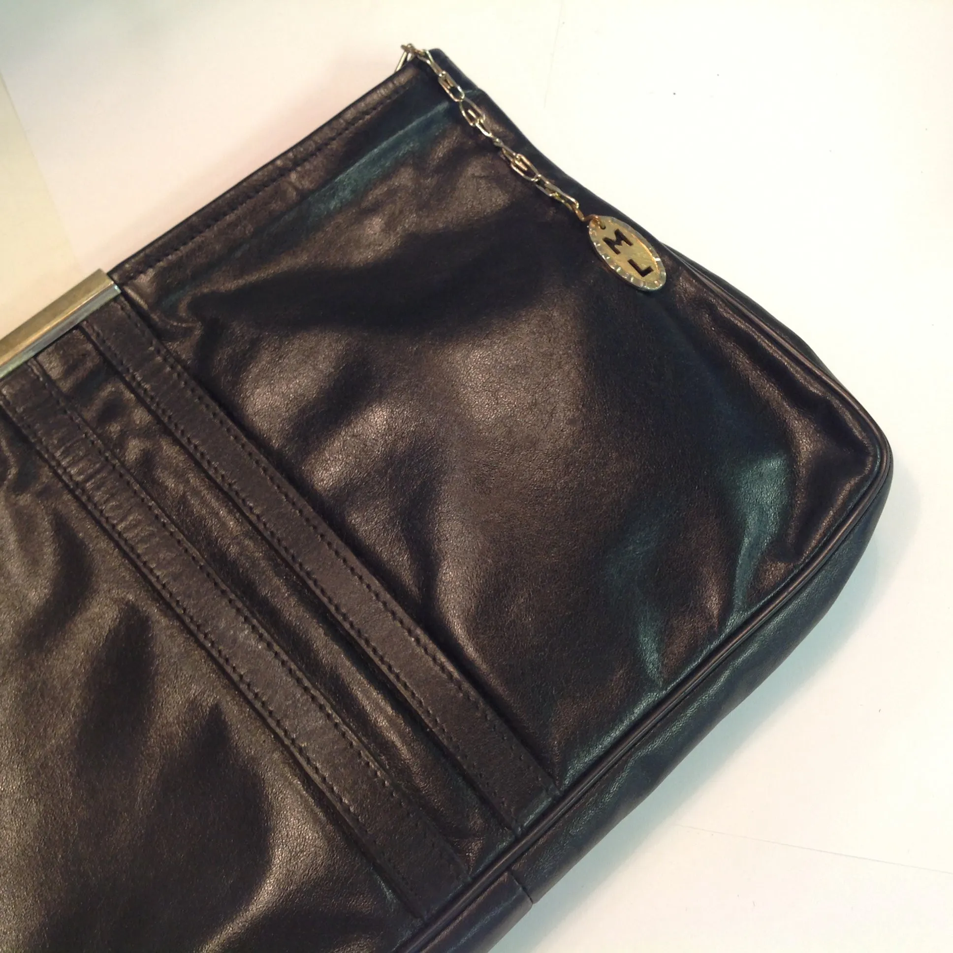 Vintage 1990's Black Vinyl Clutch Purse Goldtone Clasp ML Tag