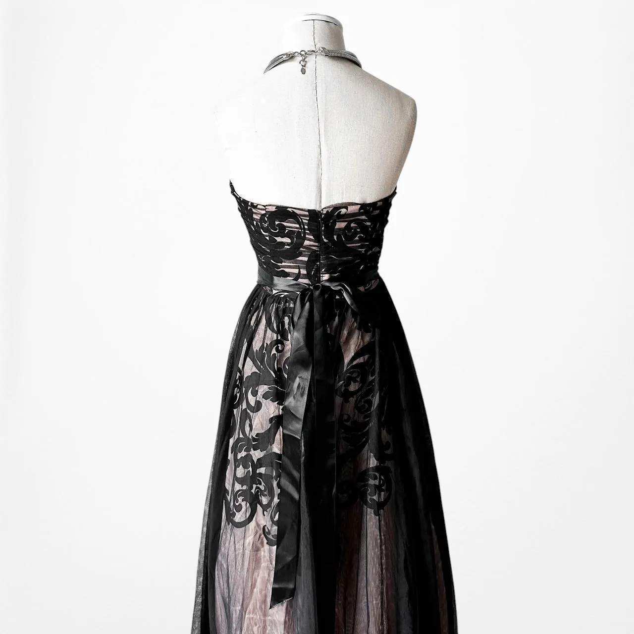 Vintage Black Strapless Floral Mesh Fit Flared Maxi Formal Prom Dress Size S