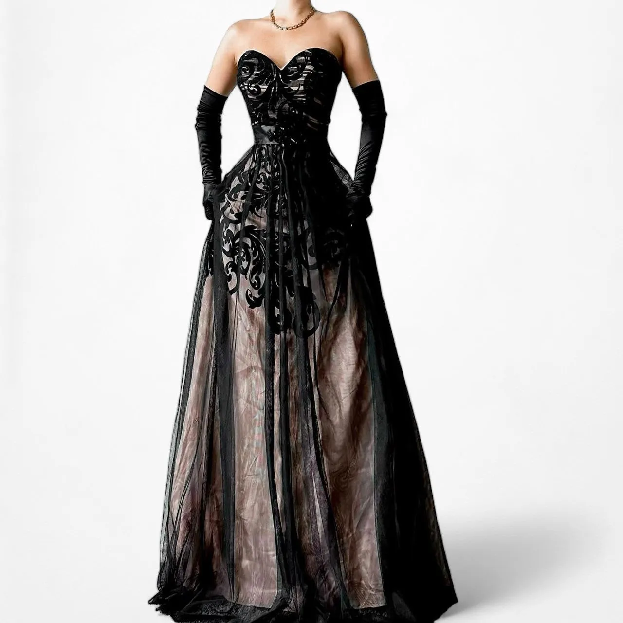 Vintage Black Strapless Floral Mesh Fit Flared Maxi Formal Prom Dress Size S