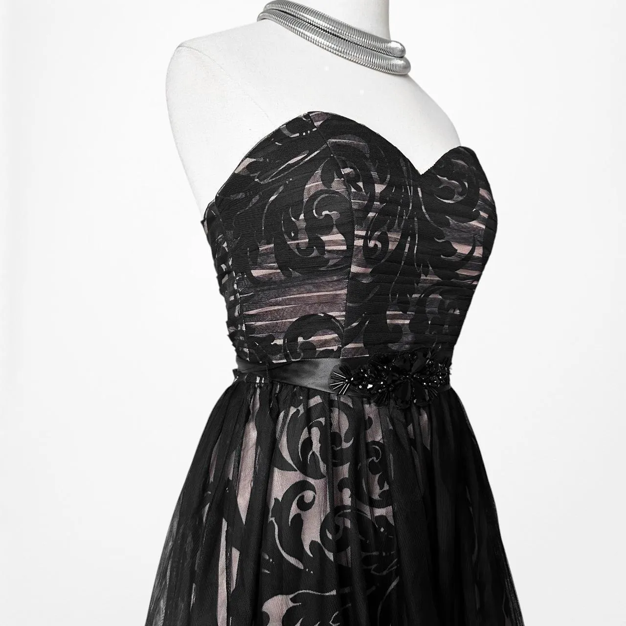 Vintage Black Strapless Floral Mesh Fit Flared Maxi Formal Prom Dress Size S