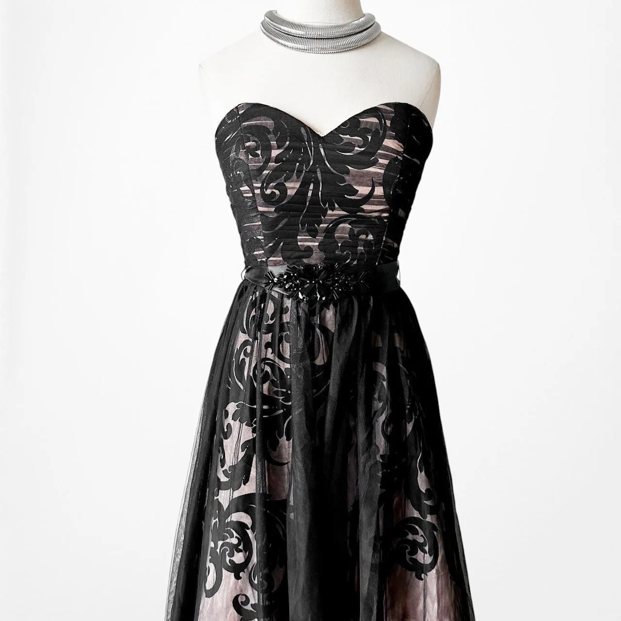 Vintage Black Strapless Floral Mesh Fit Flared Maxi Formal Prom Dress Size S