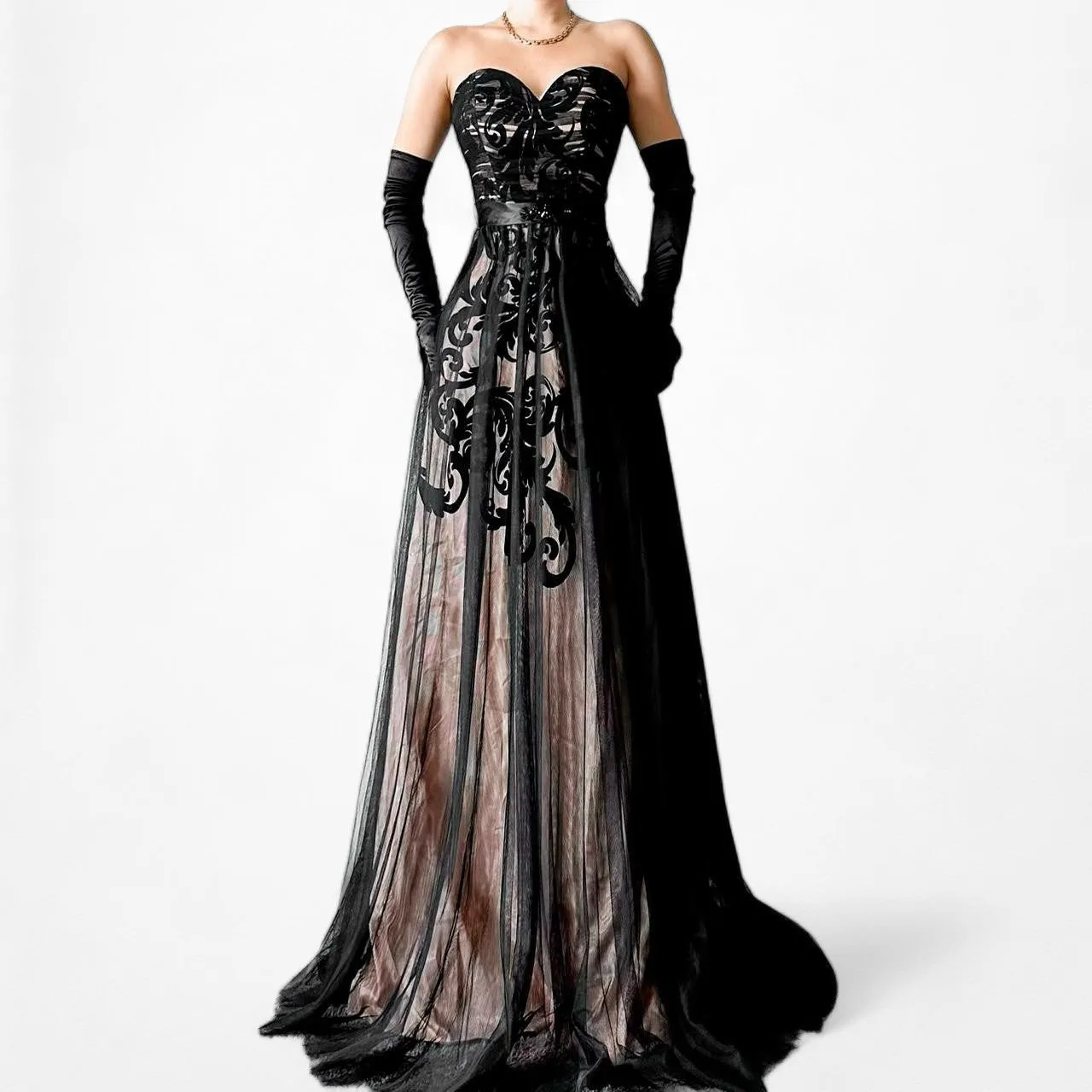 Vintage Black Strapless Floral Mesh Fit Flared Maxi Formal Prom Dress Size S