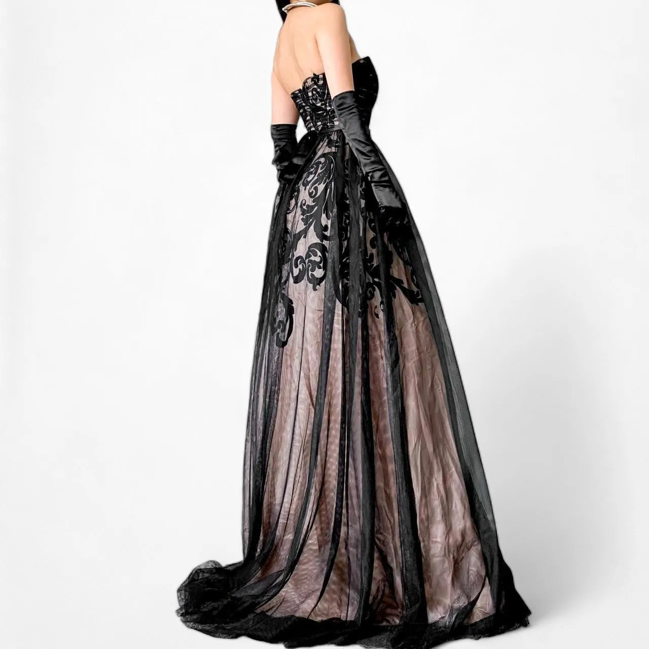Vintage Black Strapless Floral Mesh Fit Flared Maxi Formal Prom Dress Size S