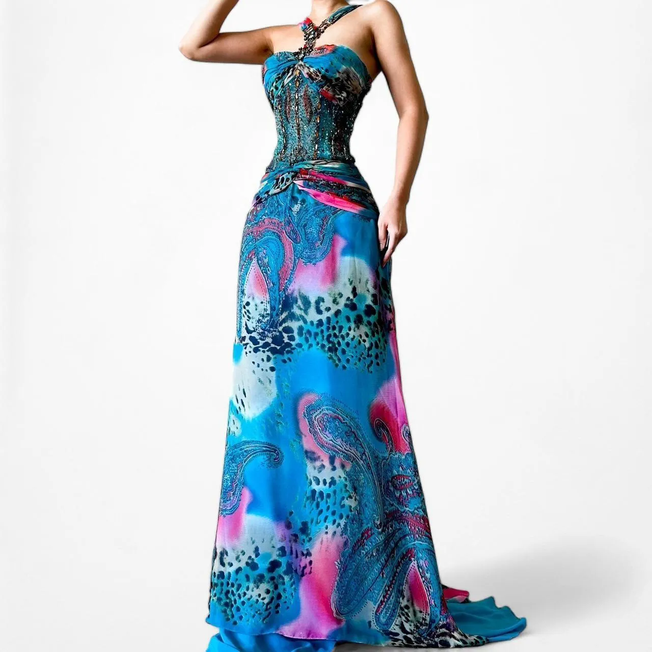 Vintage Blue Beaded Mesh Halter Fit Flared Maxi Formal Prom Dress Size S