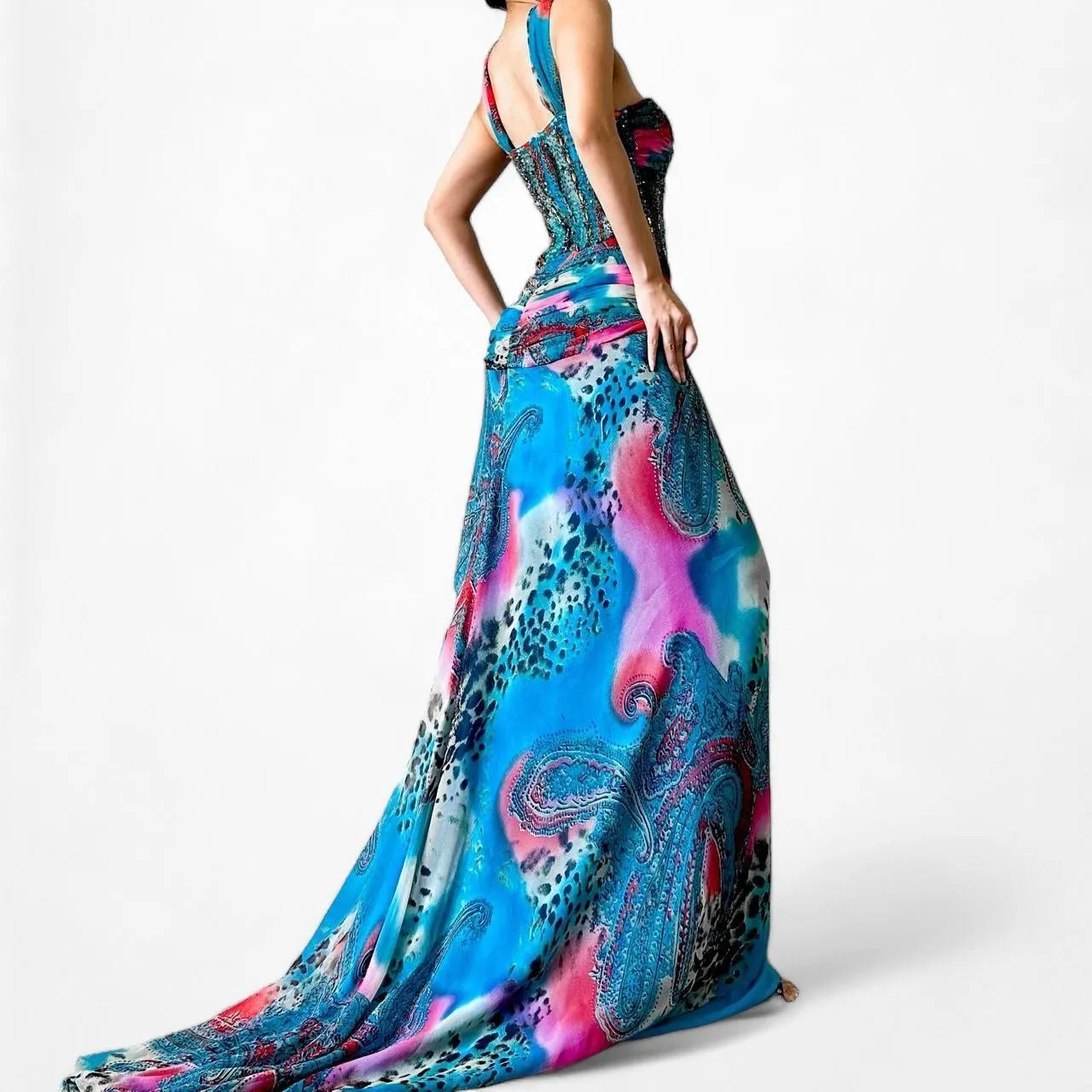 Vintage Blue Beaded Mesh Halter Fit Flared Maxi Formal Prom Dress Size S