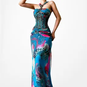 Vintage Blue Beaded Mesh Halter Fit Flared Maxi Formal Prom Dress Size S