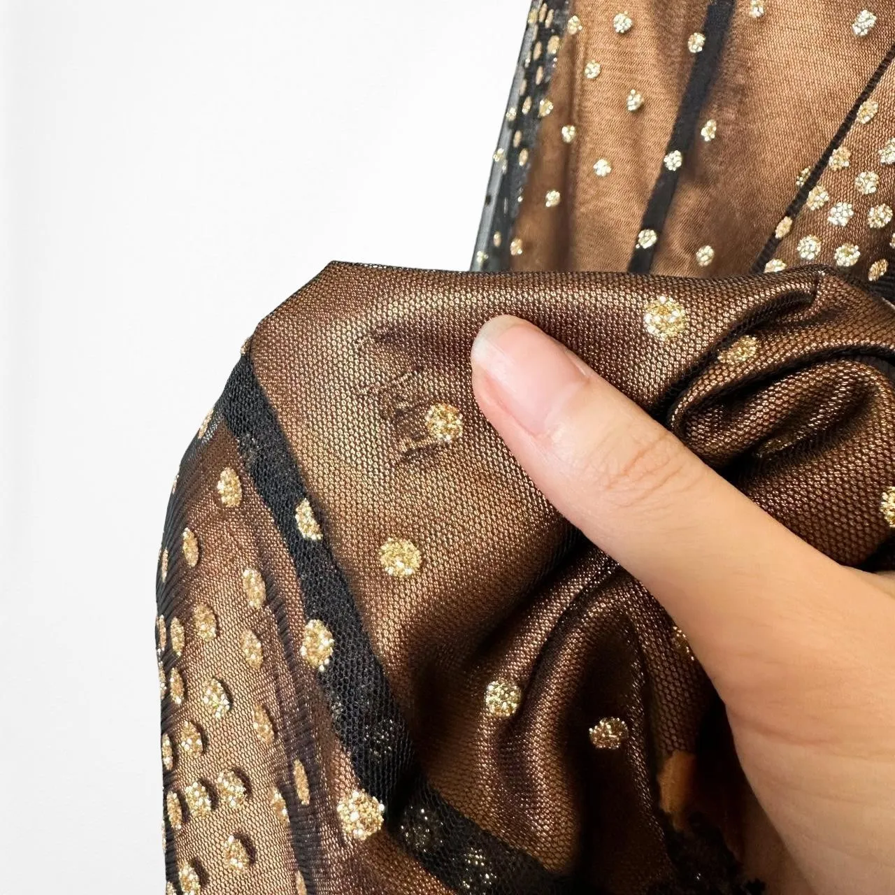 Vintage Brown Mesh Polka Dot Satin Fit Flared Babydoll Maxi Prom Dress Size XS/S