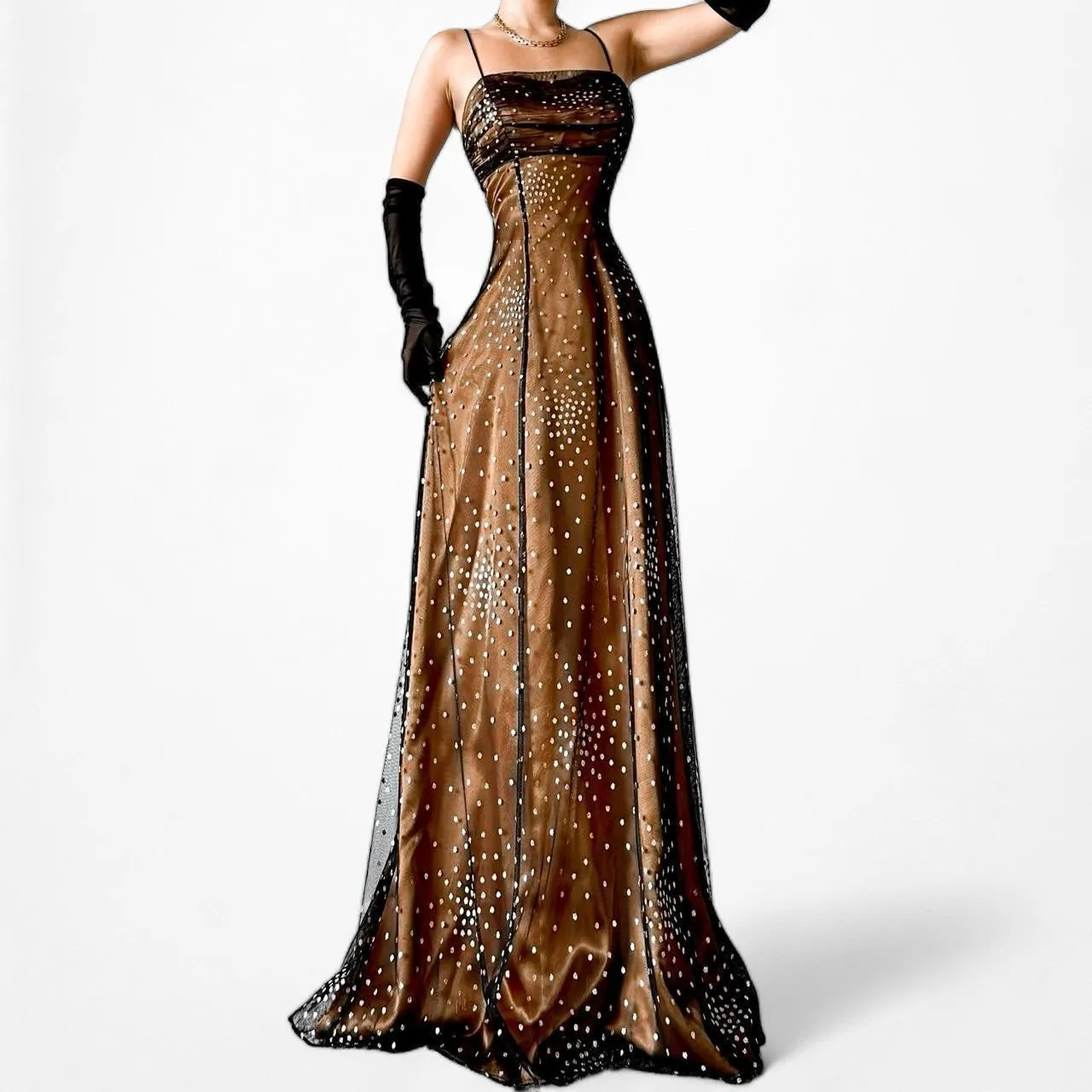 Vintage Brown Mesh Polka Dot Satin Fit Flared Babydoll Maxi Prom Dress Size XS/S