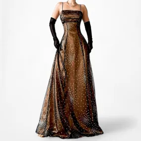 Vintage Brown Mesh Polka Dot Satin Fit Flared Babydoll Maxi Prom Dress Size XS/S