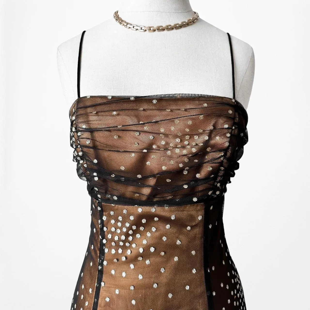 Vintage Brown Mesh Polka Dot Satin Fit Flared Babydoll Maxi Prom Dress Size XS/S
