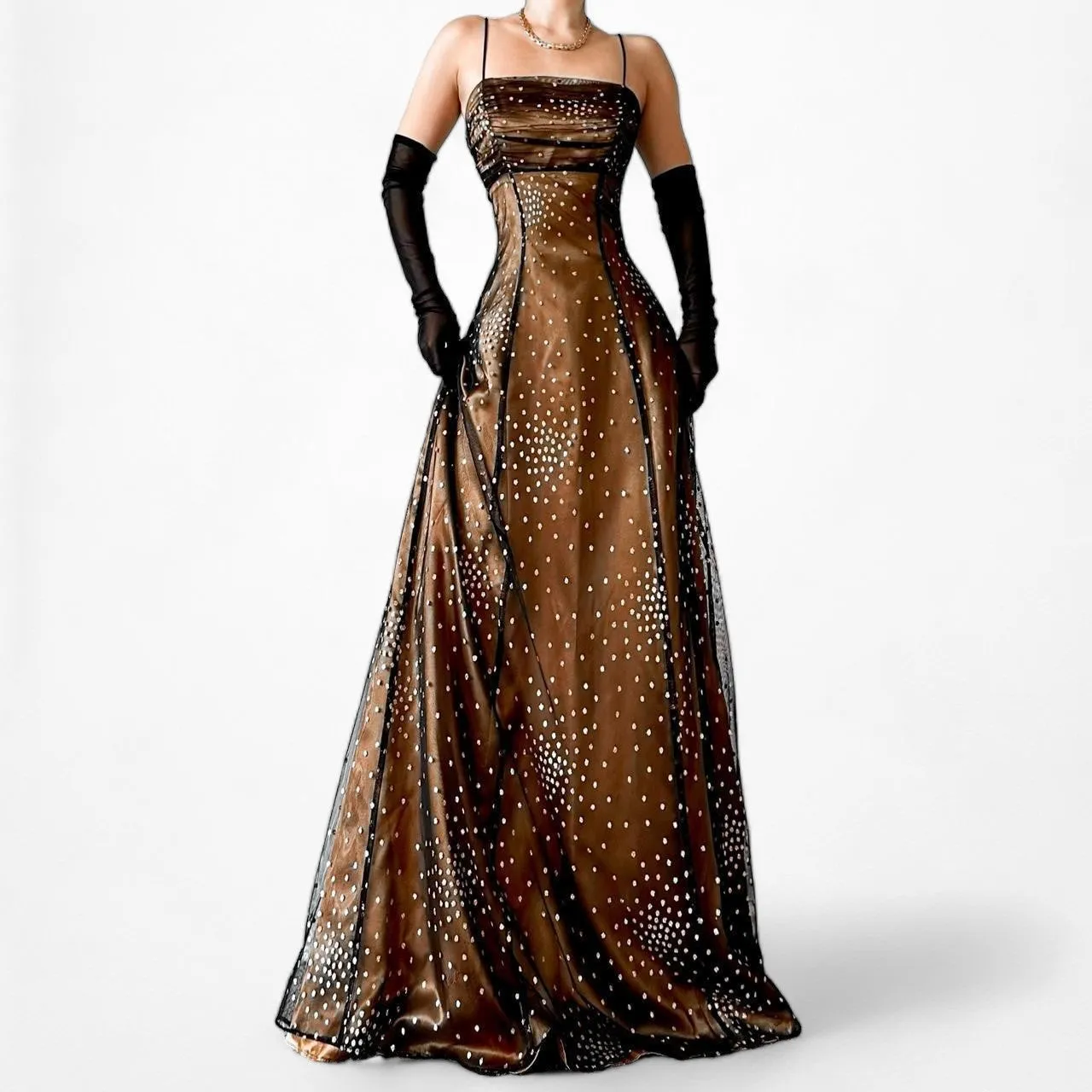Vintage Brown Mesh Polka Dot Satin Fit Flared Babydoll Maxi Prom Dress Size XS/S