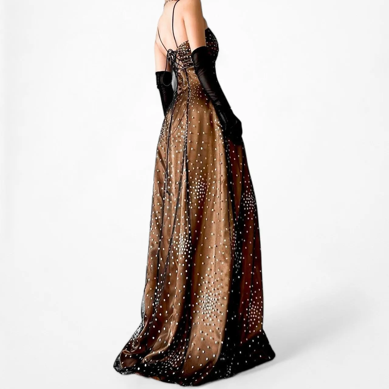 Vintage Brown Mesh Polka Dot Satin Fit Flared Babydoll Maxi Prom Dress Size XS/S