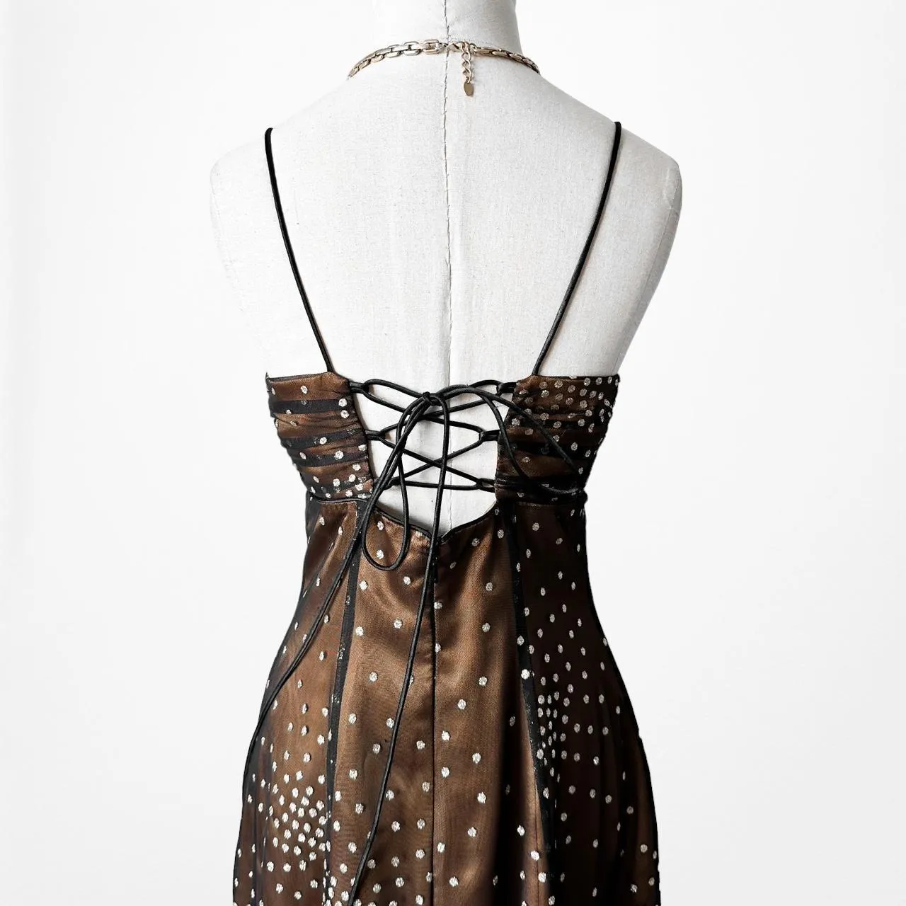 Vintage Brown Mesh Polka Dot Satin Fit Flared Babydoll Maxi Prom Dress Size XS/S