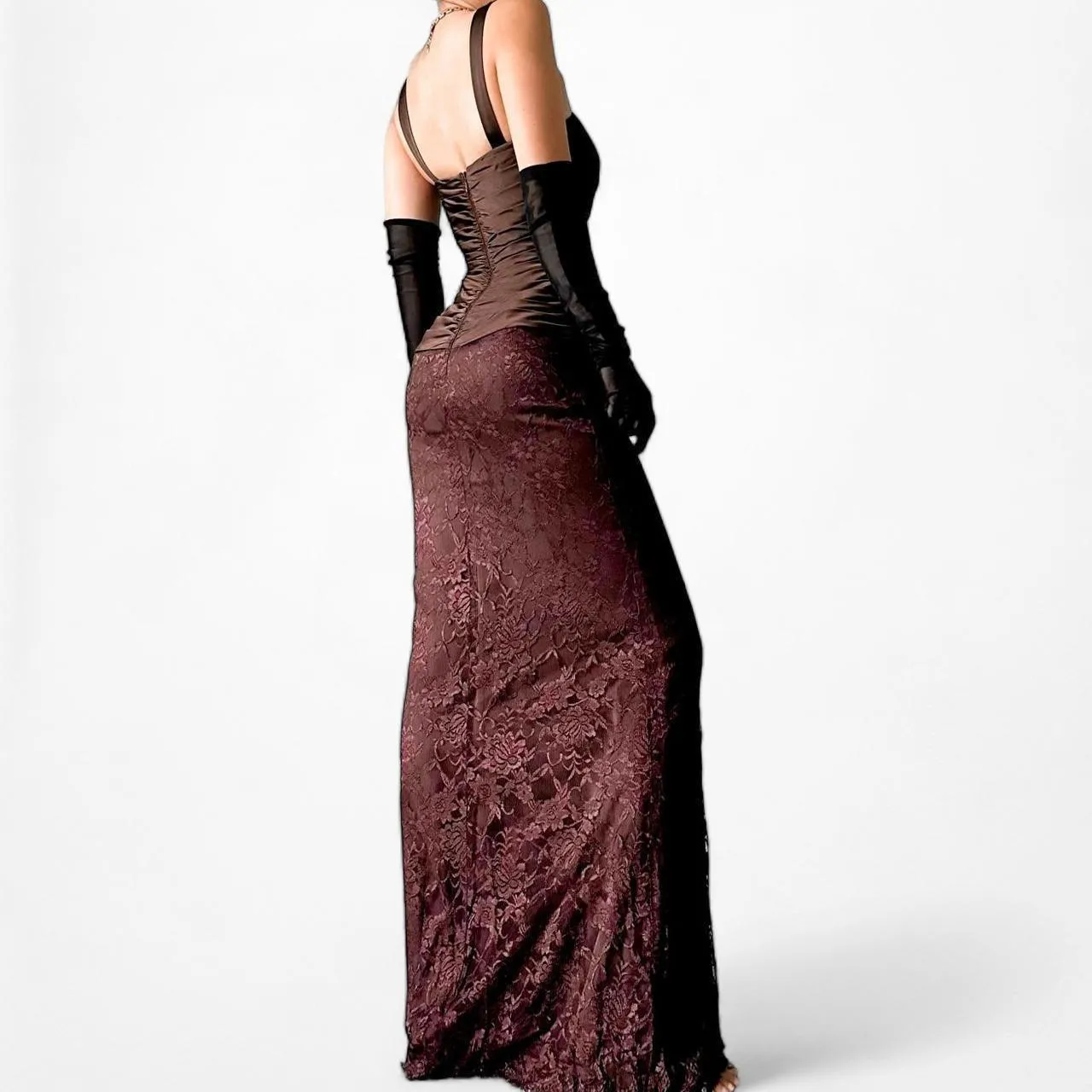 Vintage Brown Pleated Satin Lace Bodycon Maxi Formal Prom Dress Size XS/S