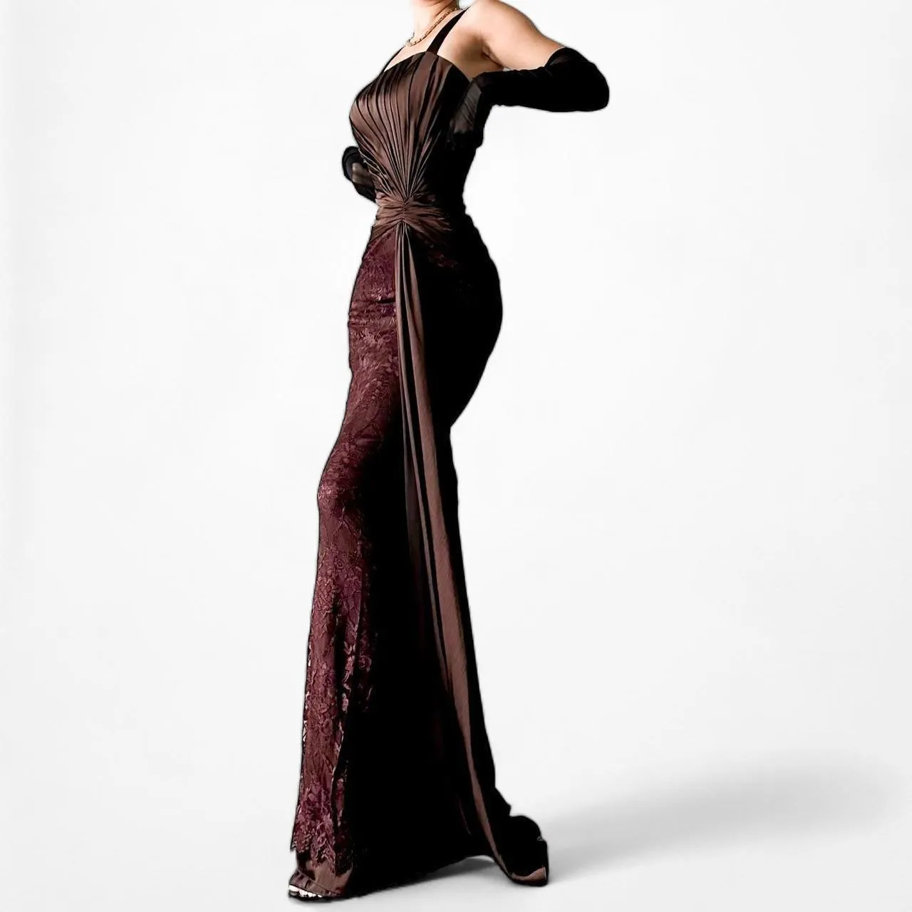 Vintage Brown Pleated Satin Lace Bodycon Maxi Formal Prom Dress Size XS/S