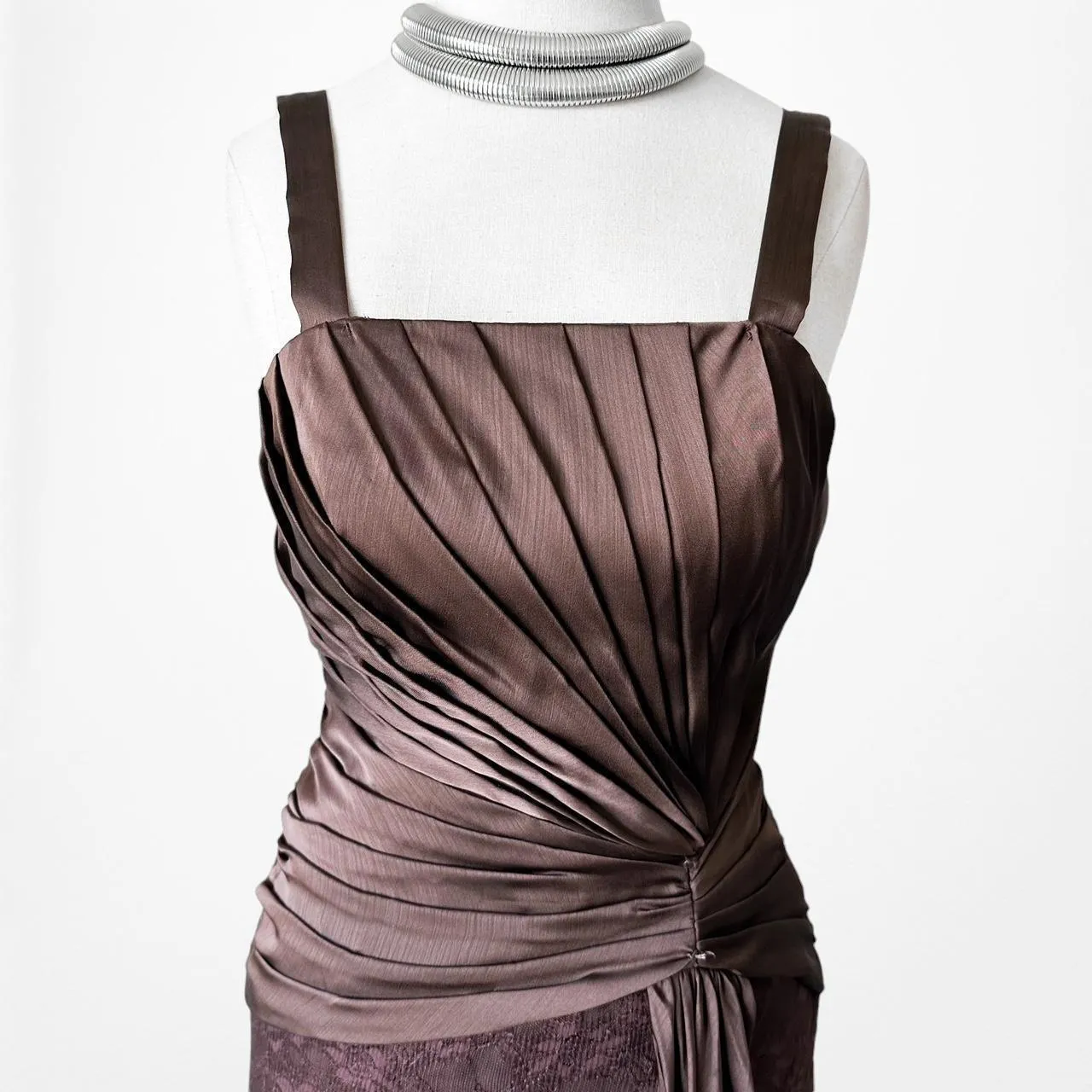 Vintage Brown Pleated Satin Lace Bodycon Maxi Formal Prom Dress Size XS/S