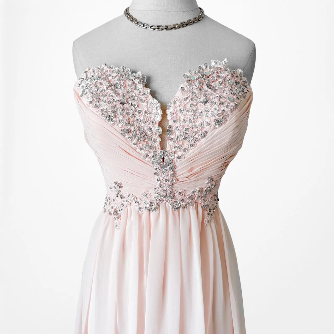 Vintage Pink Strapless Floral Sequin Fit Flared Maxi Cocktail Formal Prom Dress Size M
