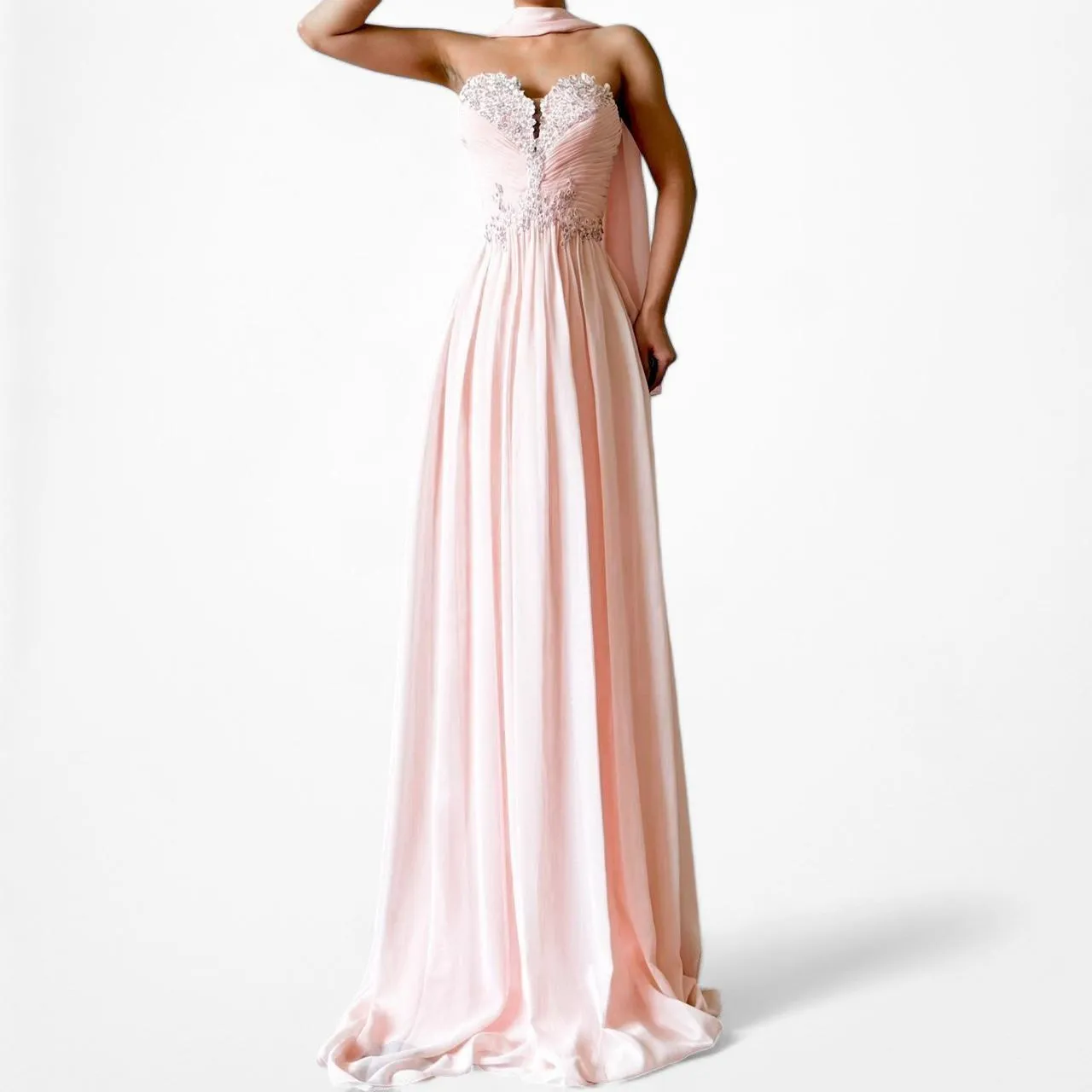 Vintage Pink Strapless Floral Sequin Fit Flared Maxi Cocktail Formal Prom Dress Size M