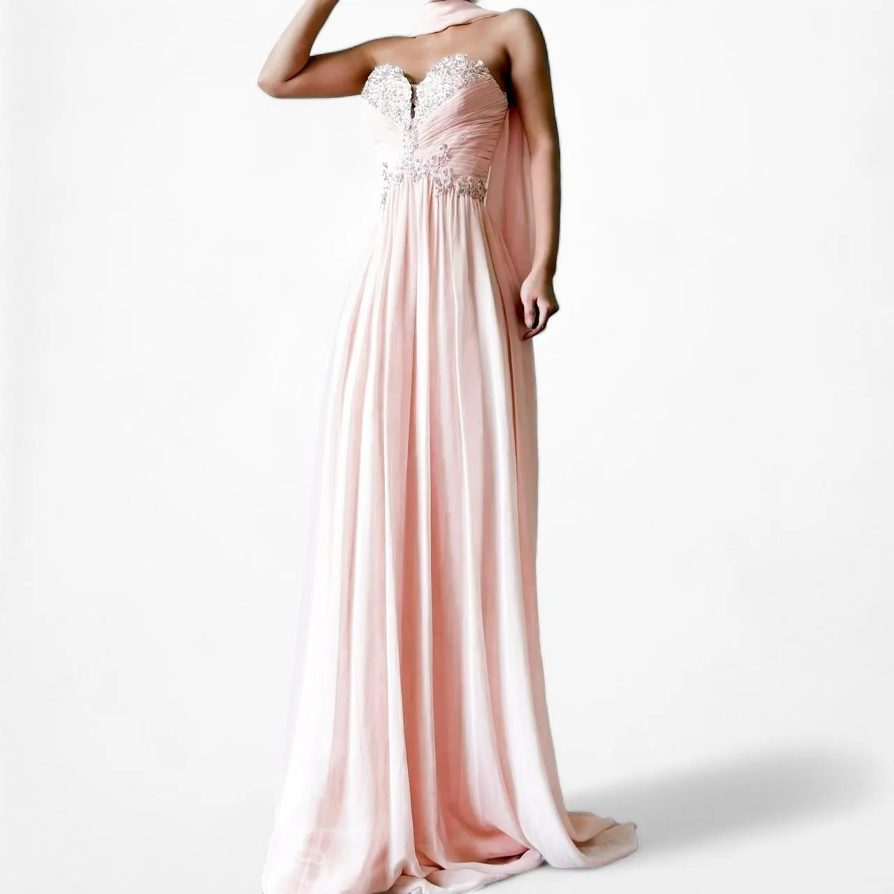 Vintage Pink Strapless Floral Sequin Fit Flared Maxi Cocktail Formal Prom Dress Size M