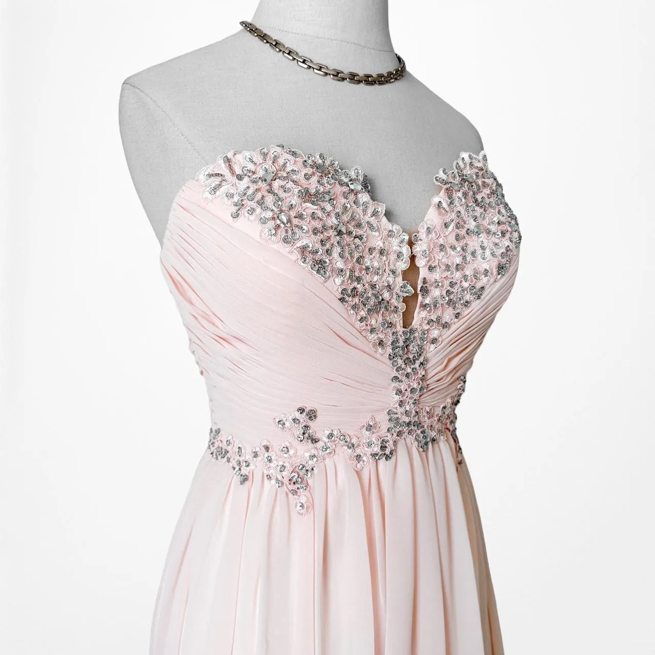 Vintage Pink Strapless Floral Sequin Fit Flared Maxi Cocktail Formal Prom Dress Size M