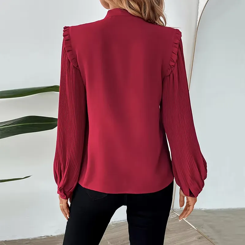 Wine Red Long-Sleeve Blouse with Bow-Tie Detail