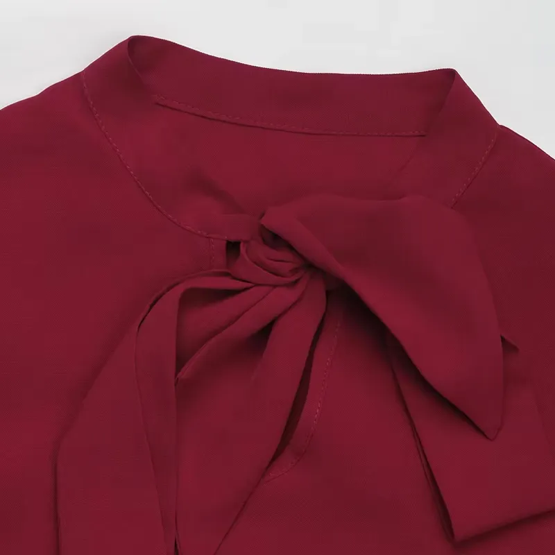 Wine Red Long-Sleeve Blouse with Bow-Tie Detail