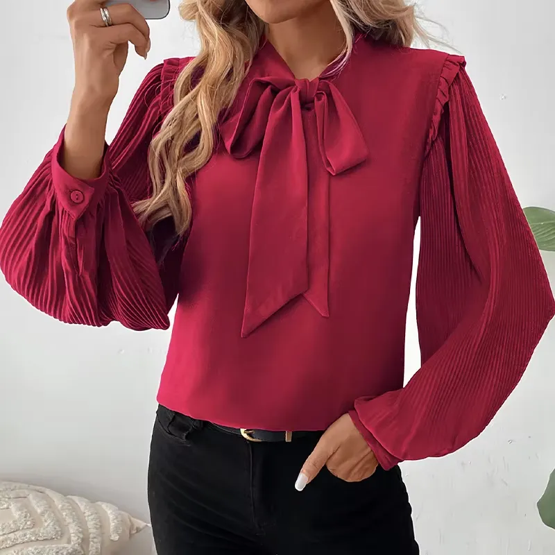Wine Red Long-Sleeve Blouse with Bow-Tie Detail