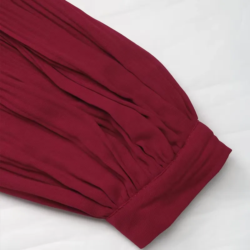 Wine Red Long-Sleeve Blouse with Bow-Tie Detail