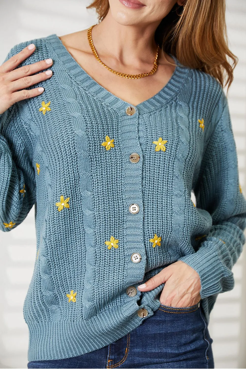 Winter Blooms Floral Embroidered Cable Cardigan