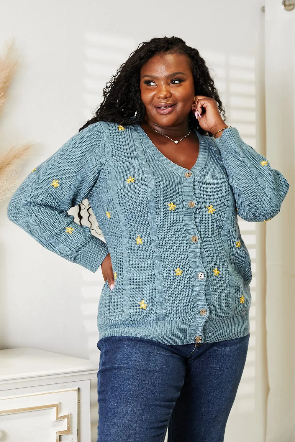 Winter Blooms Floral Embroidered Cable Cardigan